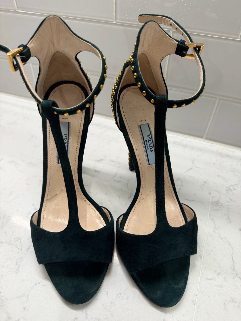 Prada Black Suede T-Strap Studded Ankle-Heel Sandals